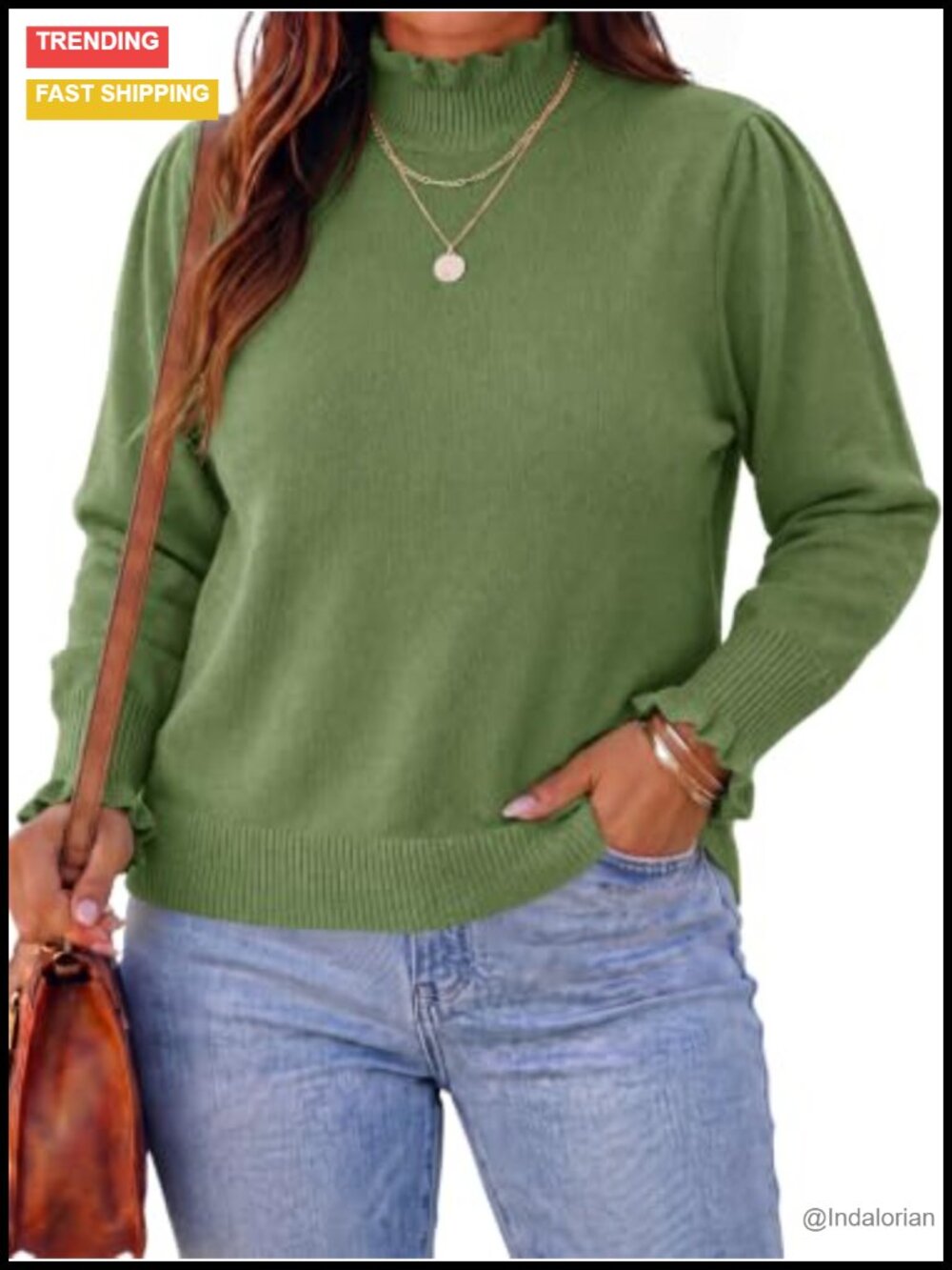 Plus Size Mock Neck Sweater Puff Sleeve Ruffle Knit Pullover